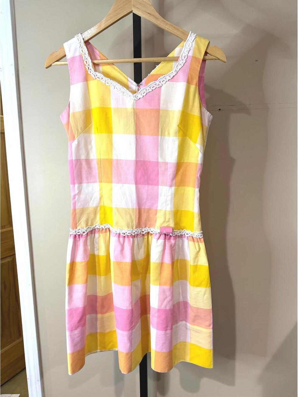 Vintage Style Yellow and Pink Checkered Dress with Lace Trim